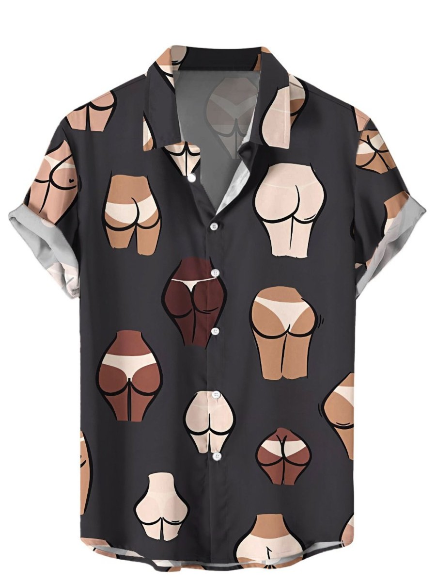 Men HWT Shirts | Men'S Hawaiian Shirts Multinational Butts Pattern Short Sleeve Shirt Black