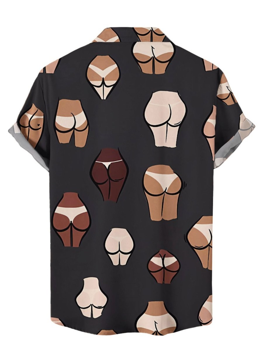 Men HWT Shirts | Men'S Hawaiian Shirts Multinational Butts Pattern Short Sleeve Shirt Black