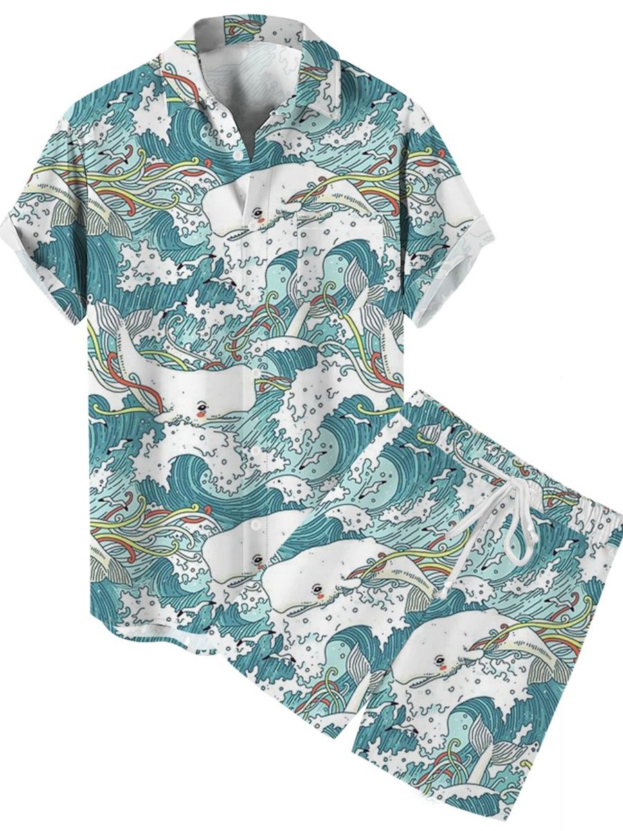 Men LJC Set | Whale Print Casual Short Sleeve Shirt Set Photo Color