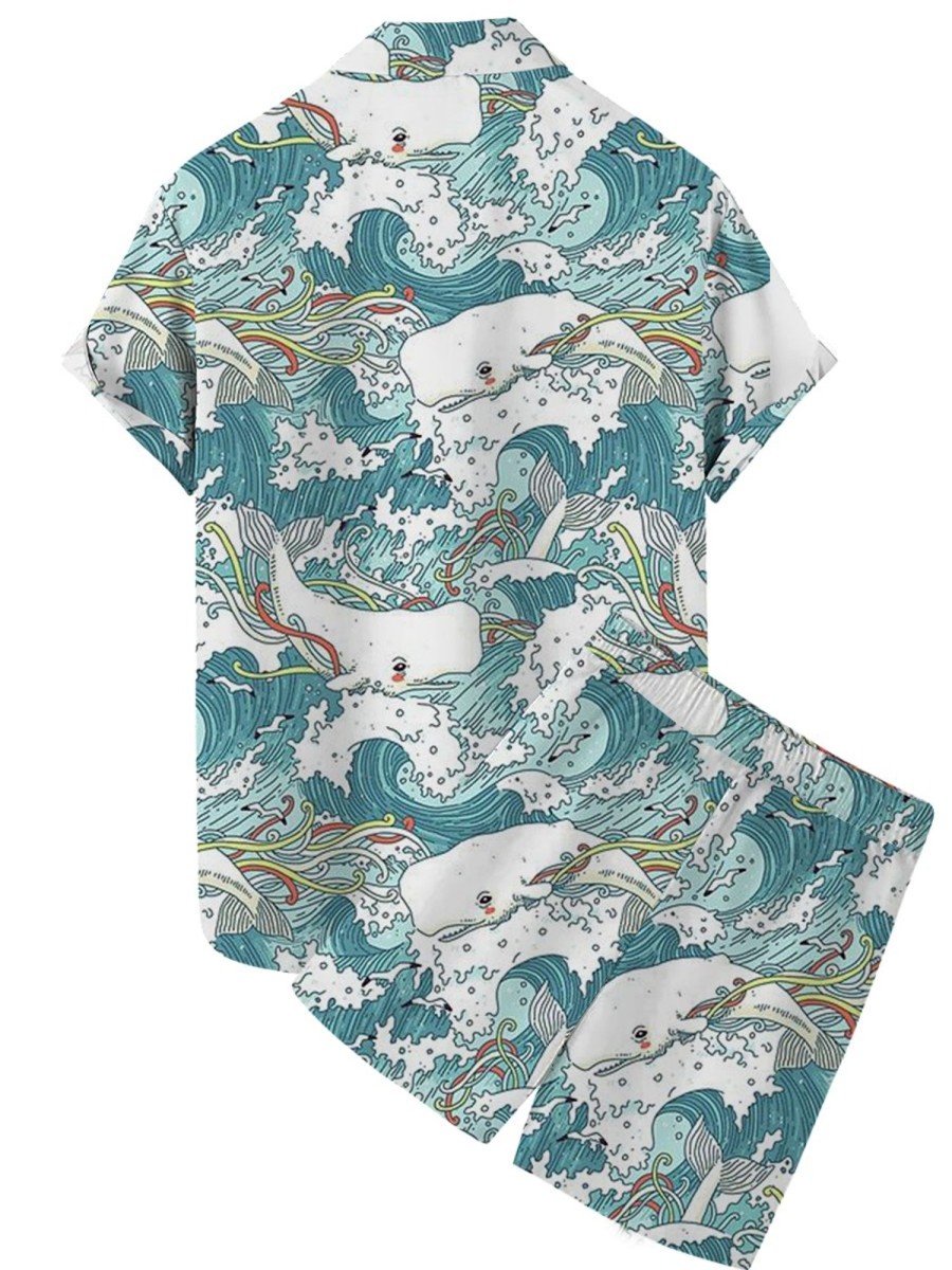 Men LJC Set | Whale Print Casual Short Sleeve Shirt Set Photo Color