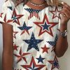 Women DJ | Crew Neck Flag Stars Print Casual Short Sleeve T-Shirt Red