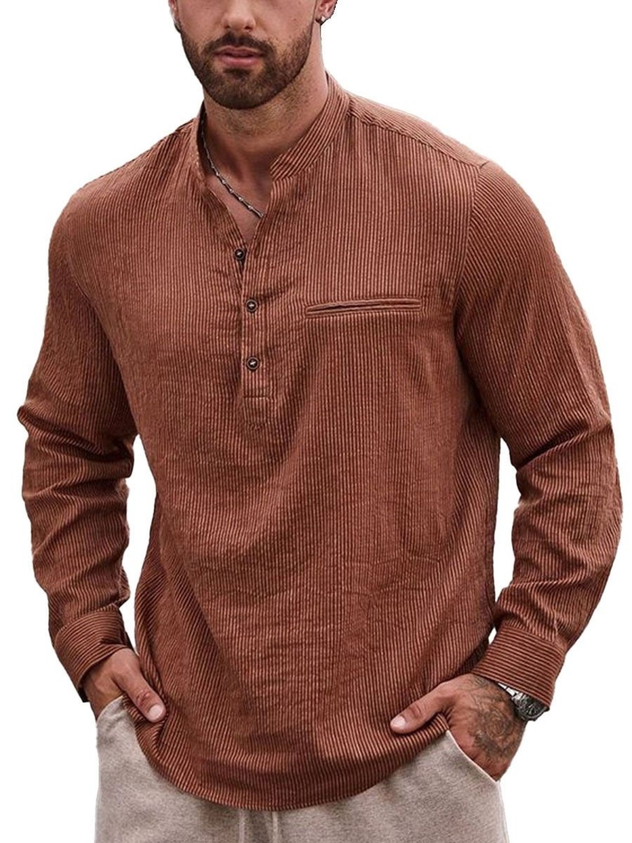 Men DJ Casual Long Sleeve Shirts | Henley Collar Half Placket Single Pocket Casual Long Sleeve Shirt Brick Red