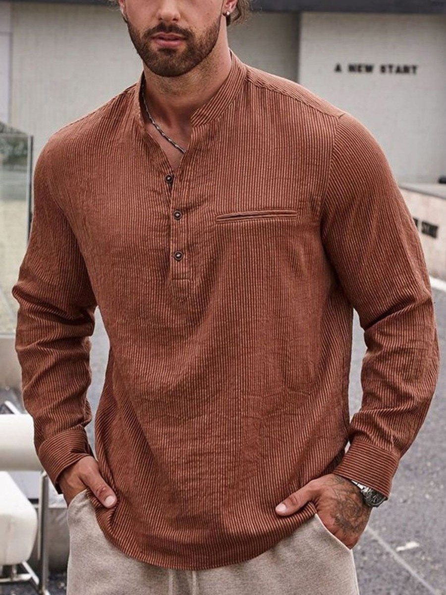 Men DJ Casual Long Sleeve Shirts | Henley Collar Half Placket Single Pocket Casual Long Sleeve Shirt Brick Red