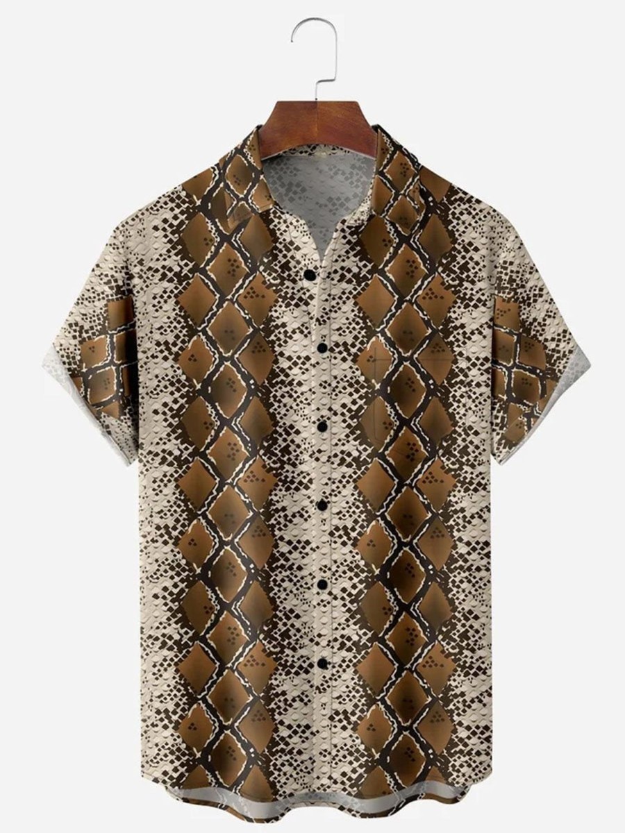 Men DJ Shirts | Geometric Diamond Short Sleeves Casual Shirts Brown