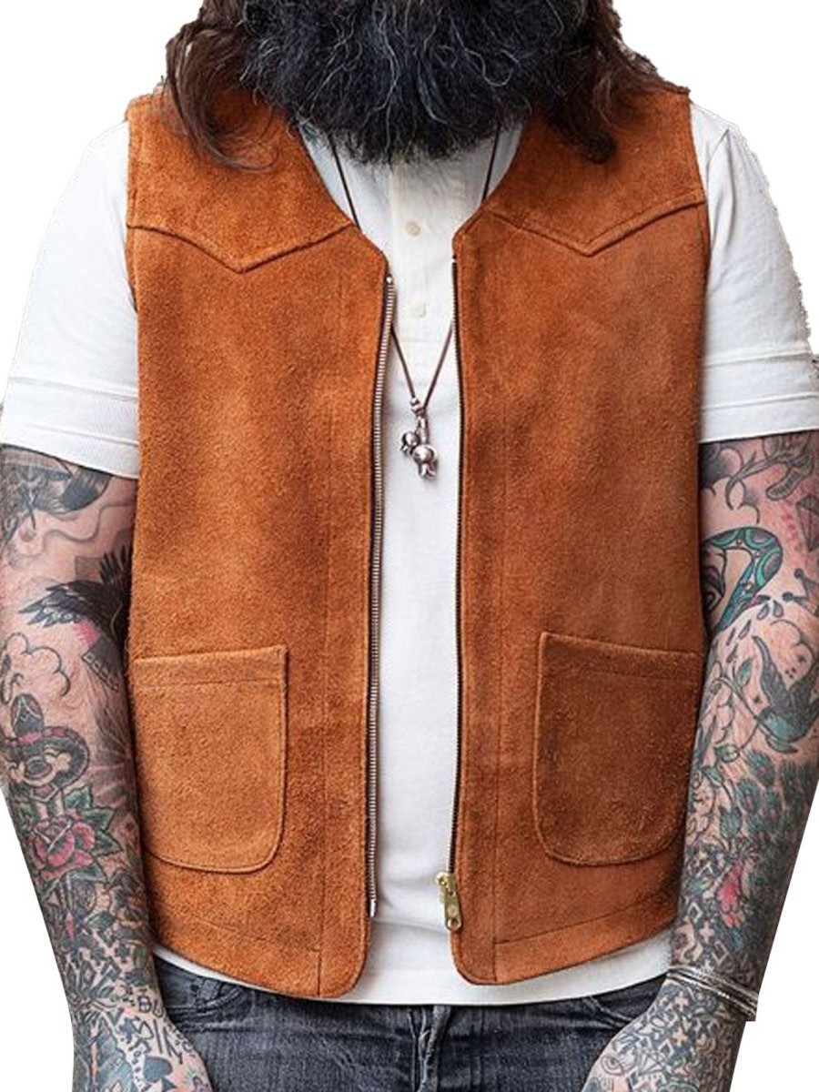 Men DJ Vest | Double Pocket Zippered Suede Casual Vest Brown