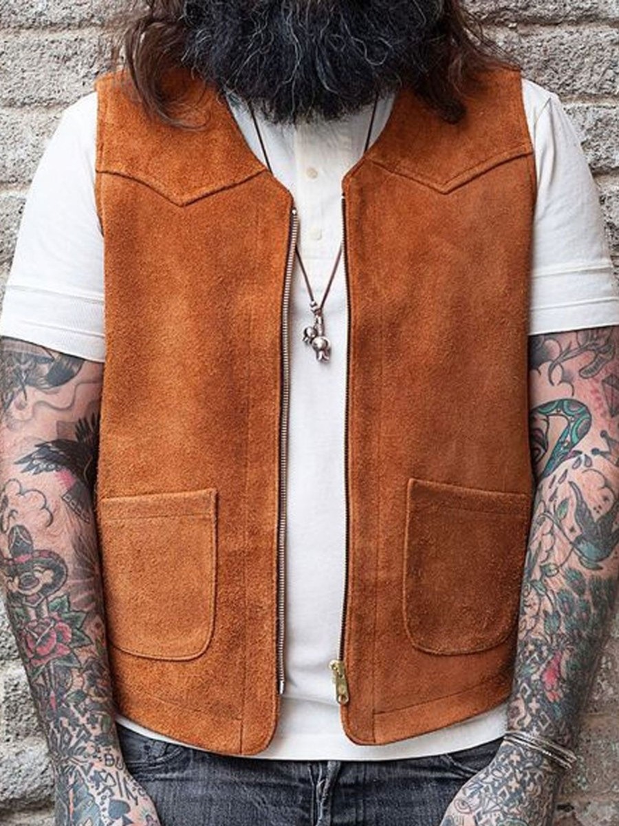 Men DJ Vest | Double Pocket Zippered Suede Casual Vest Brown