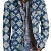 Men DJ Print Jacket | Retro Square Print Lapel Three-Pocket Casual Blazer Blue