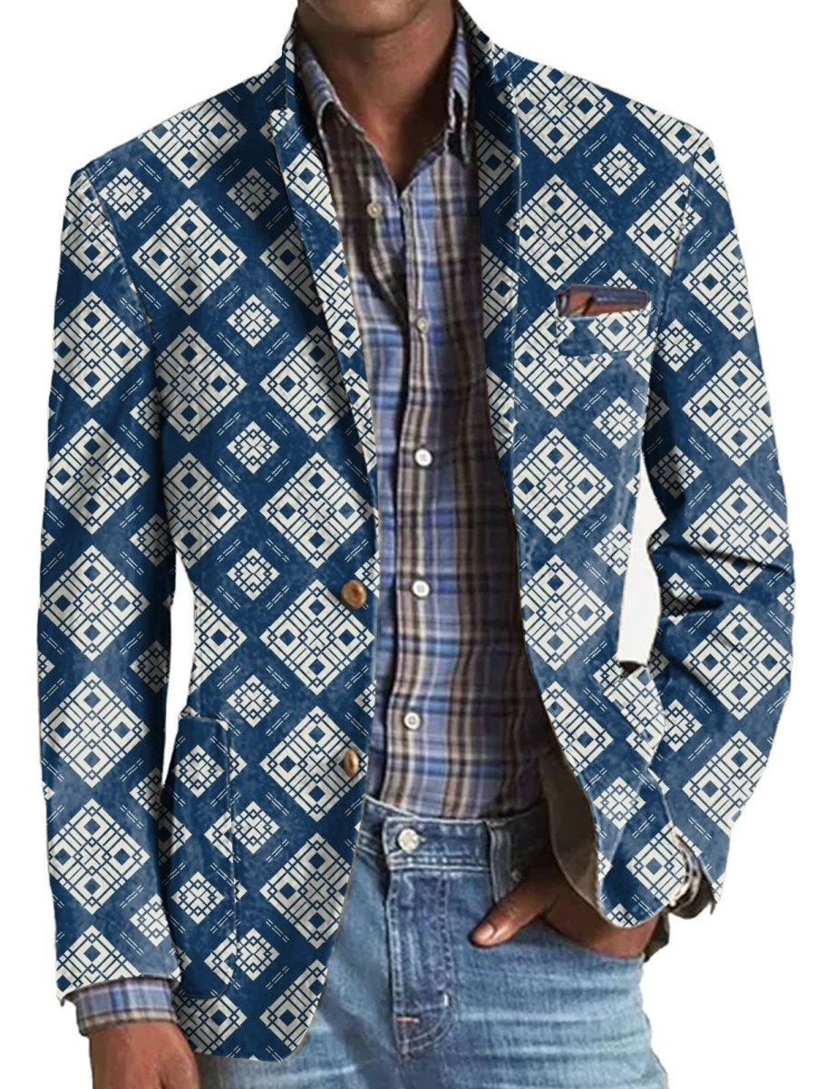 Men DJ Print Jacket | Retro Square Print Lapel Three-Pocket Casual Blazer Blue