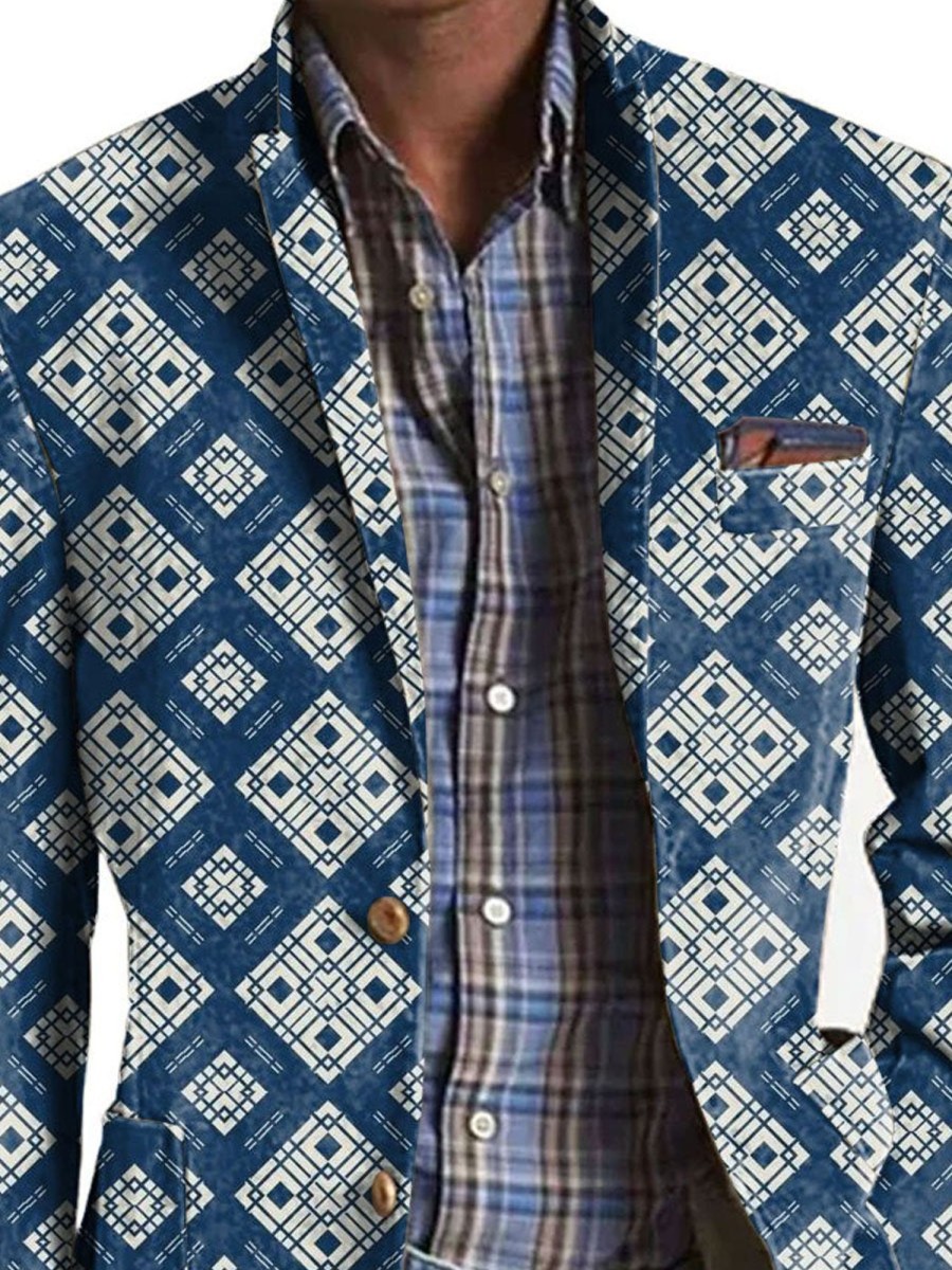 Men DJ Print Jacket | Retro Square Print Lapel Three-Pocket Casual Blazer Blue