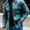 Men DJ Print Jacket | Vintage Oil Painting Floral Print Corduroy Lapel Pocket Jacket Blue