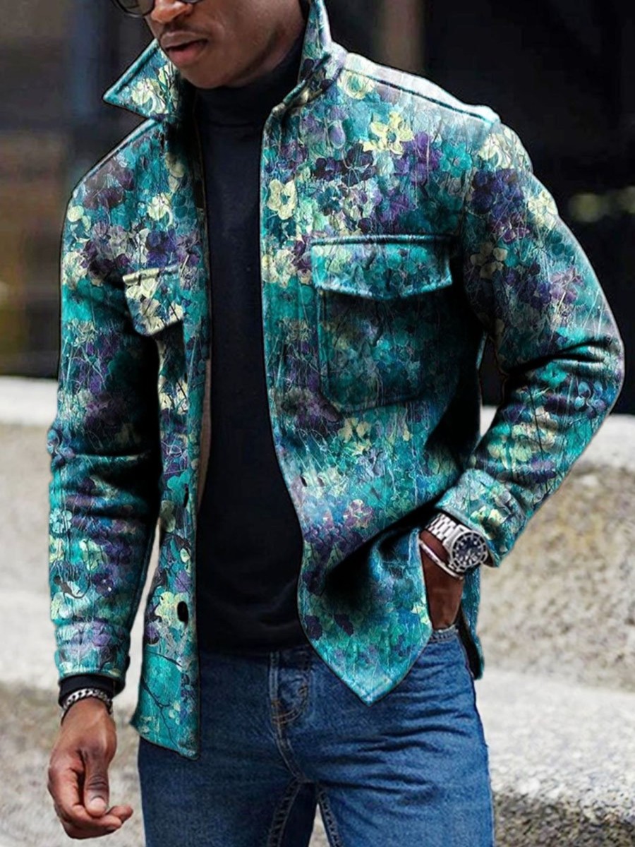 Men DJ Print Jacket | Vintage Oil Painting Floral Print Corduroy Lapel Pocket Jacket Blue