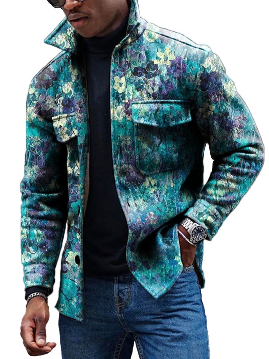 Men DJ Print Jacket | Vintage Oil Painting Floral Print Corduroy Lapel Pocket Jacket Blue