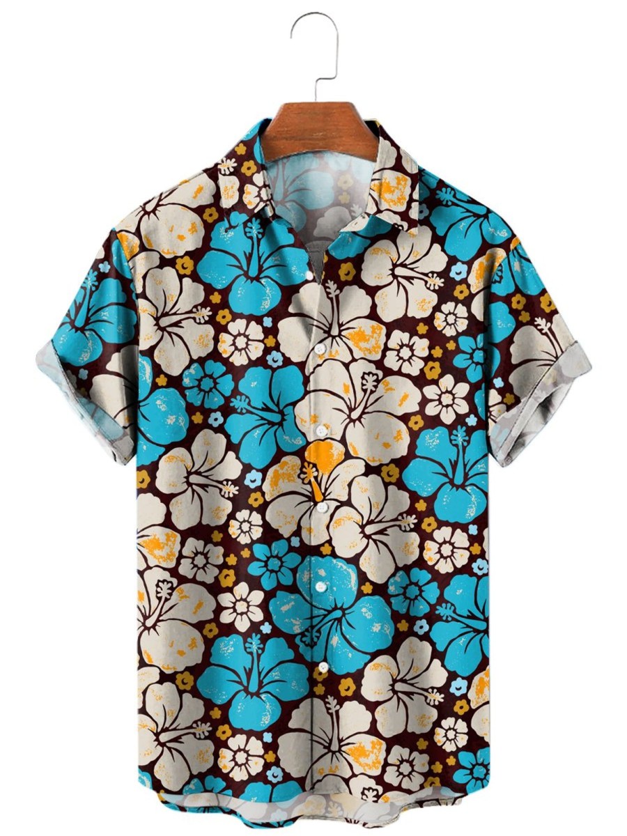 Men HLJ Shirts | Resort Hibiscus Hawaiian Short Sleeve Shirt Blue