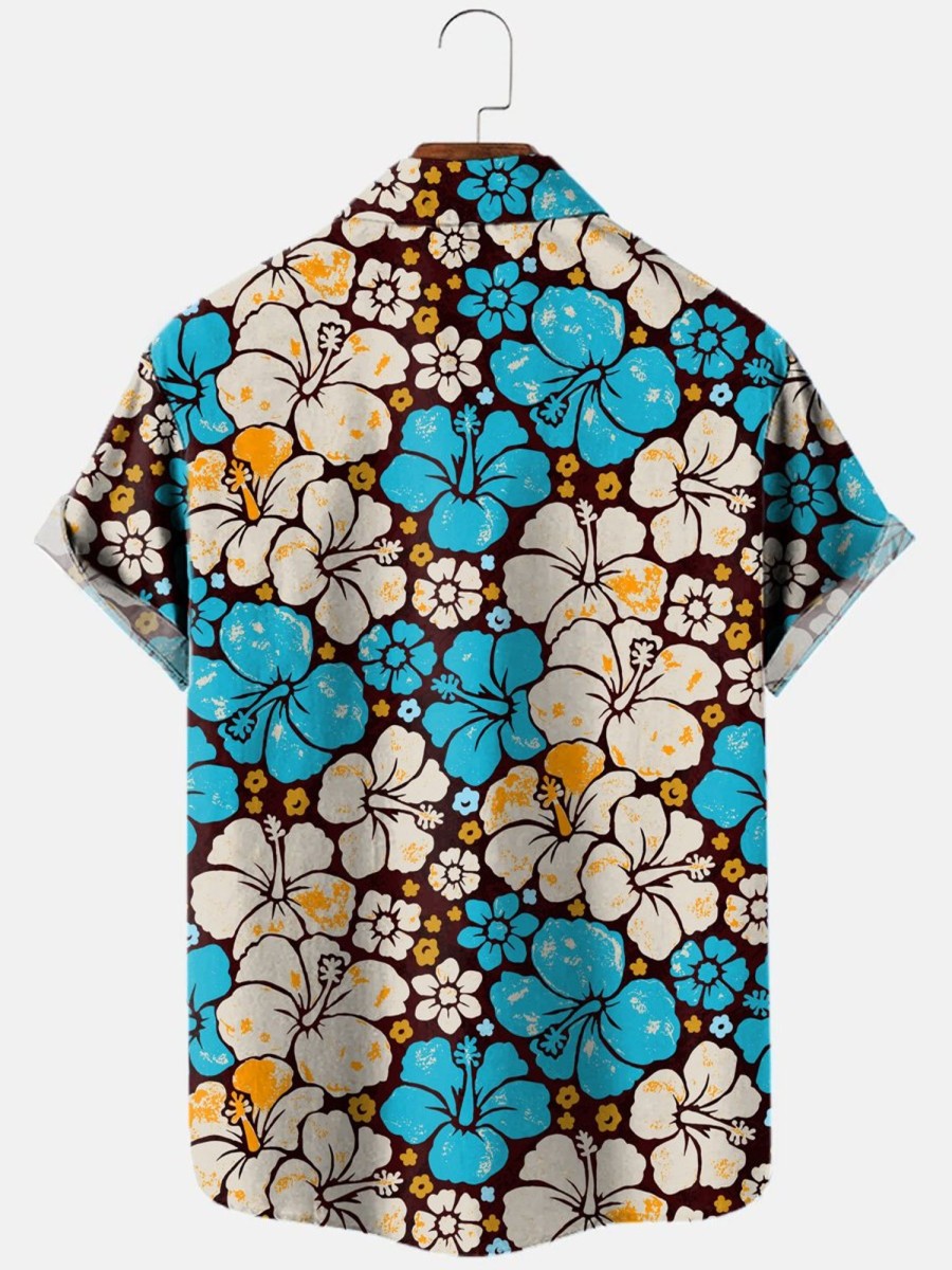 Men HLJ Shirts | Resort Hibiscus Hawaiian Short Sleeve Shirt Blue