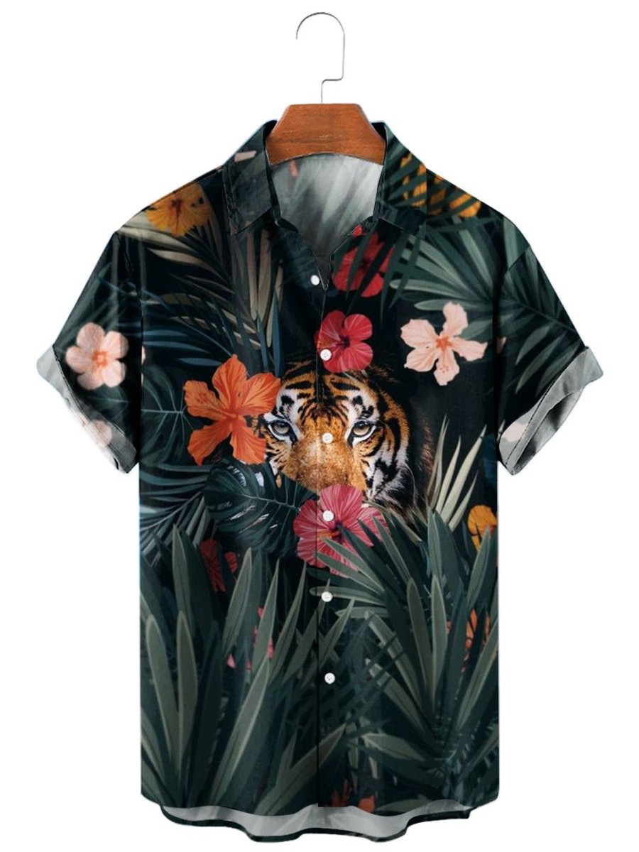 Men HLJ Shirts | Tropical Tiger Hawaiian Resort Short Sleeve Shirt Dark Green