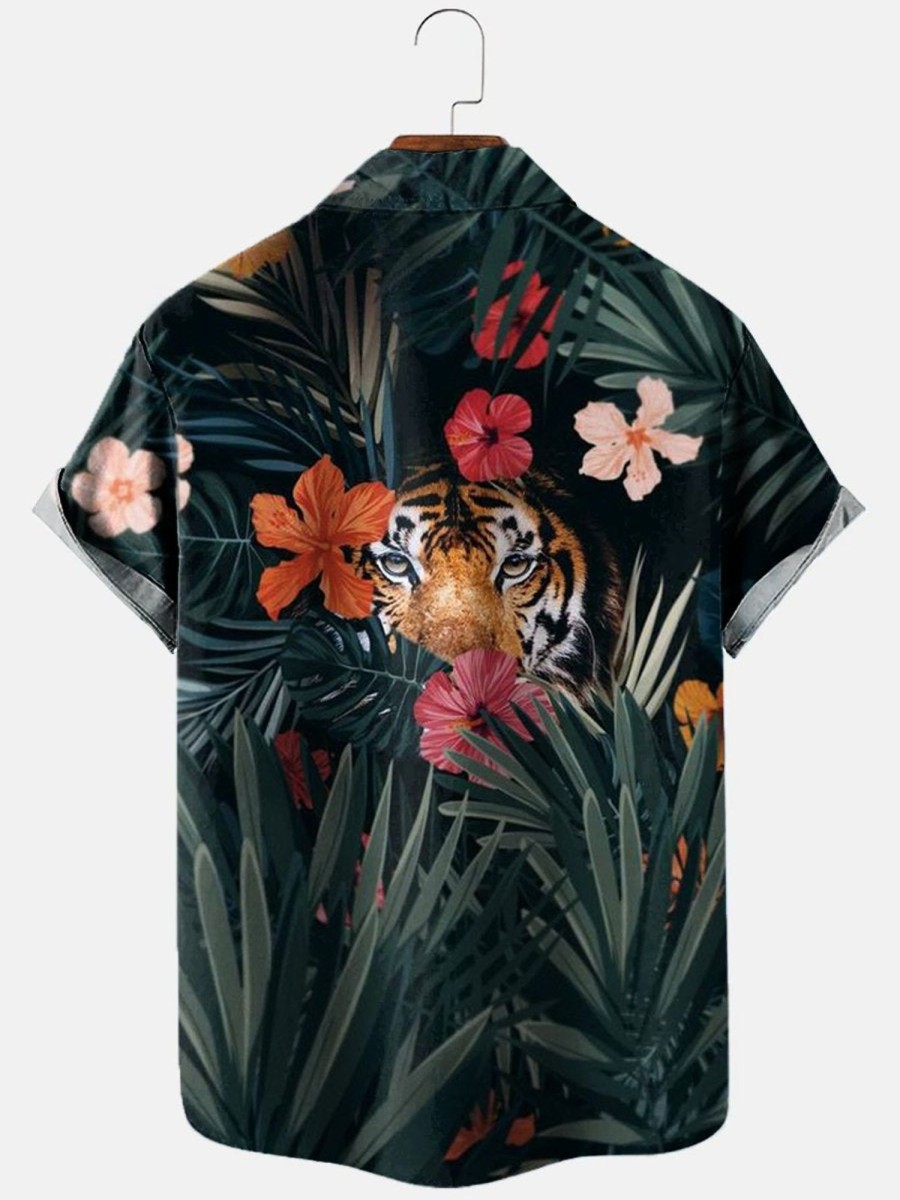 Men HLJ Shirts | Tropical Tiger Hawaiian Resort Short Sleeve Shirt Dark Green