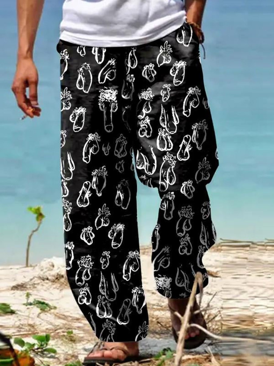 Men DJ Bottoms | And White Cocks Print Pocket Track Pants Black