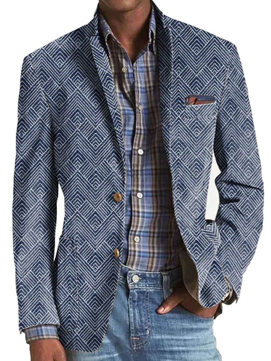 Men BXL Print Jacket | Men'S Herringbone Print Pocket Casual Blazer Blue