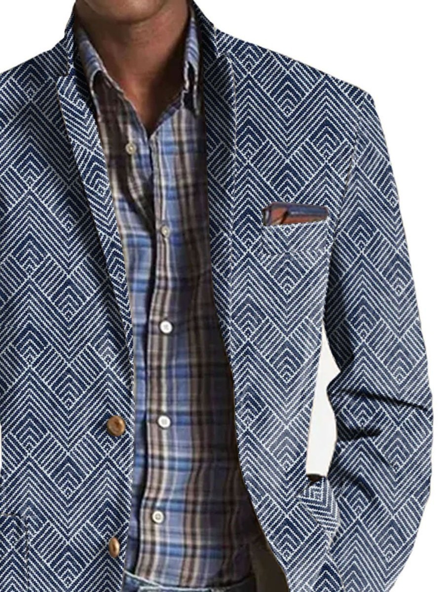 Men BXL Print Jacket | Men'S Herringbone Print Pocket Casual Blazer Blue