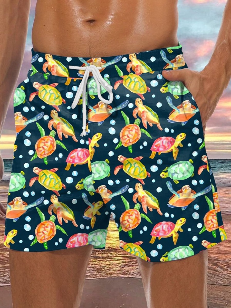 Men DJ Shorts | Colorful Turtle Print Double Pocket Lace Up Shorts Photo Color