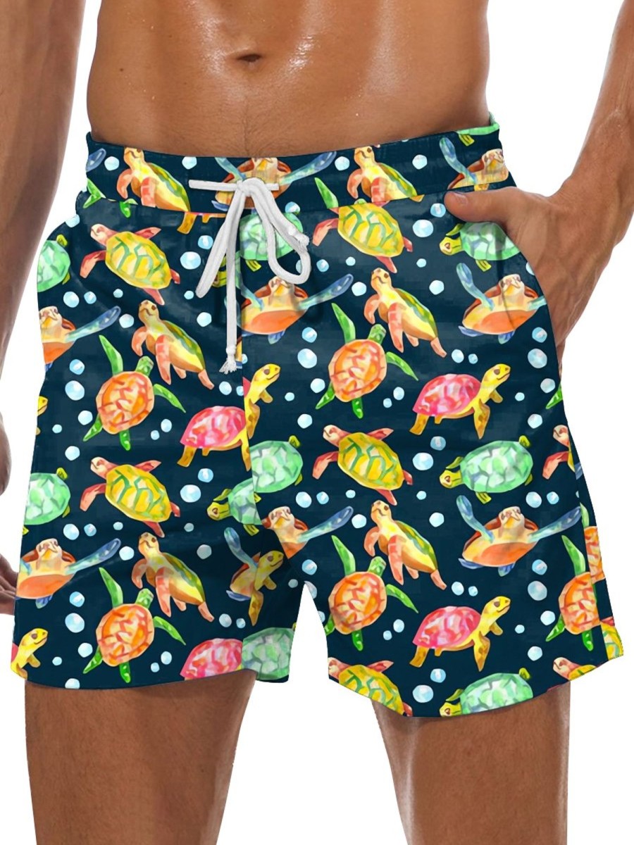 Men DJ Shorts | Colorful Turtle Print Double Pocket Lace Up Shorts Photo Color