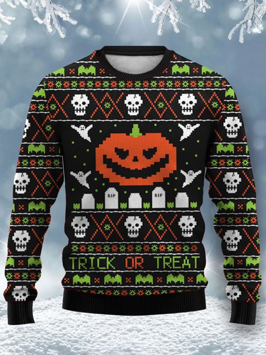 Men DJ Ugly Sweater | Halloween Pumpkin Print Casual Crew Neck Sweatshirt Black