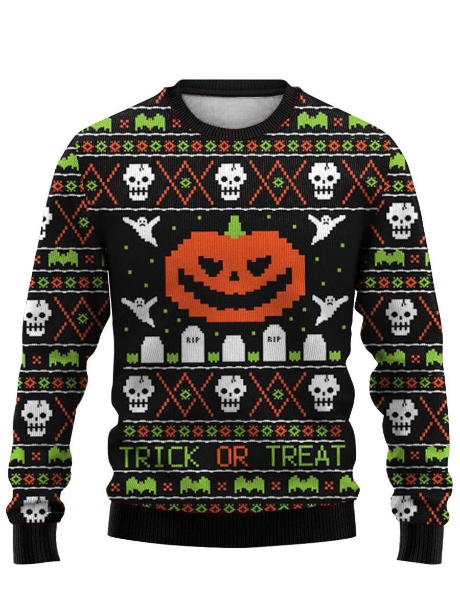 Men DJ Ugly Sweater | Halloween Pumpkin Print Casual Crew Neck Sweatshirt Black