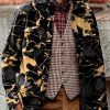 Men DJ Print Jacket | Vintage Black And Gold Printed Pocket Lapel Corduroy Jacket Photo Color