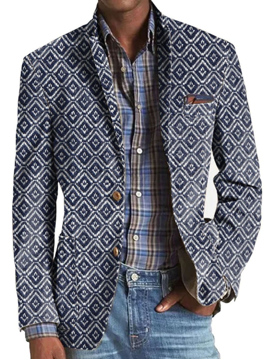 Men BXL Print Jacket | Men'S Retro Geometric Print Casual Pocket Blazer Navy Blue