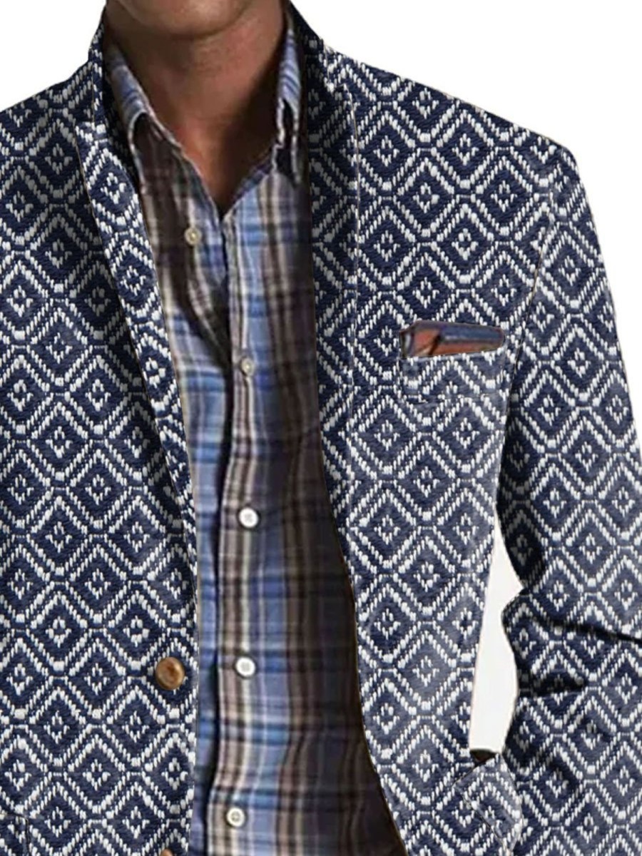 Men BXL Print Jacket | Men'S Retro Geometric Print Casual Pocket Blazer Navy Blue