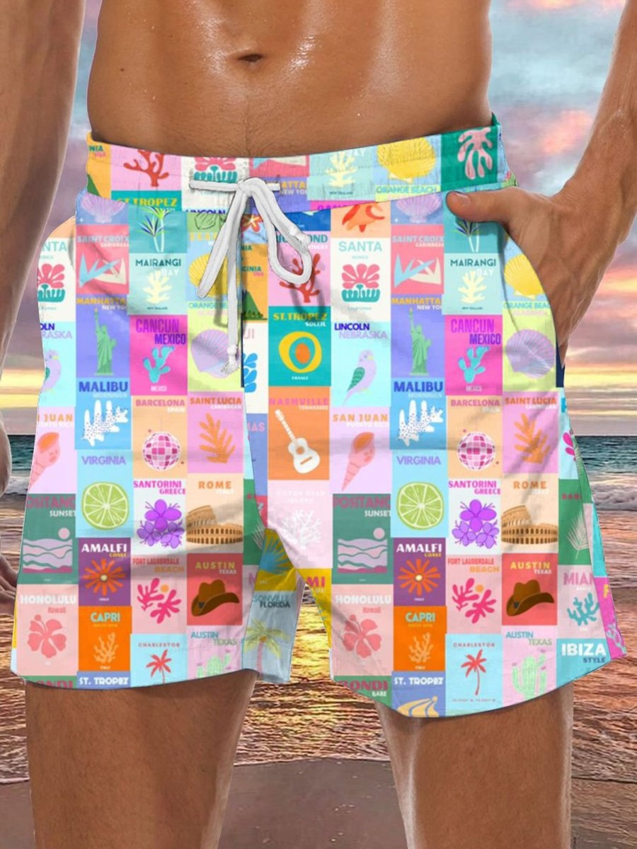 Men GYJ Bottoms | Paneled Cartoon Print Hawaiian Lounge Shorts Photo Color