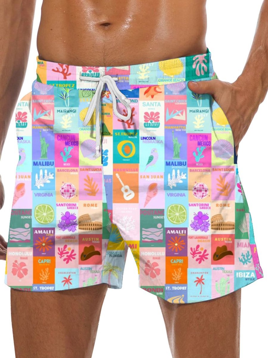 Men GYJ Bottoms | Paneled Cartoon Print Hawaiian Lounge Shorts Photo Color