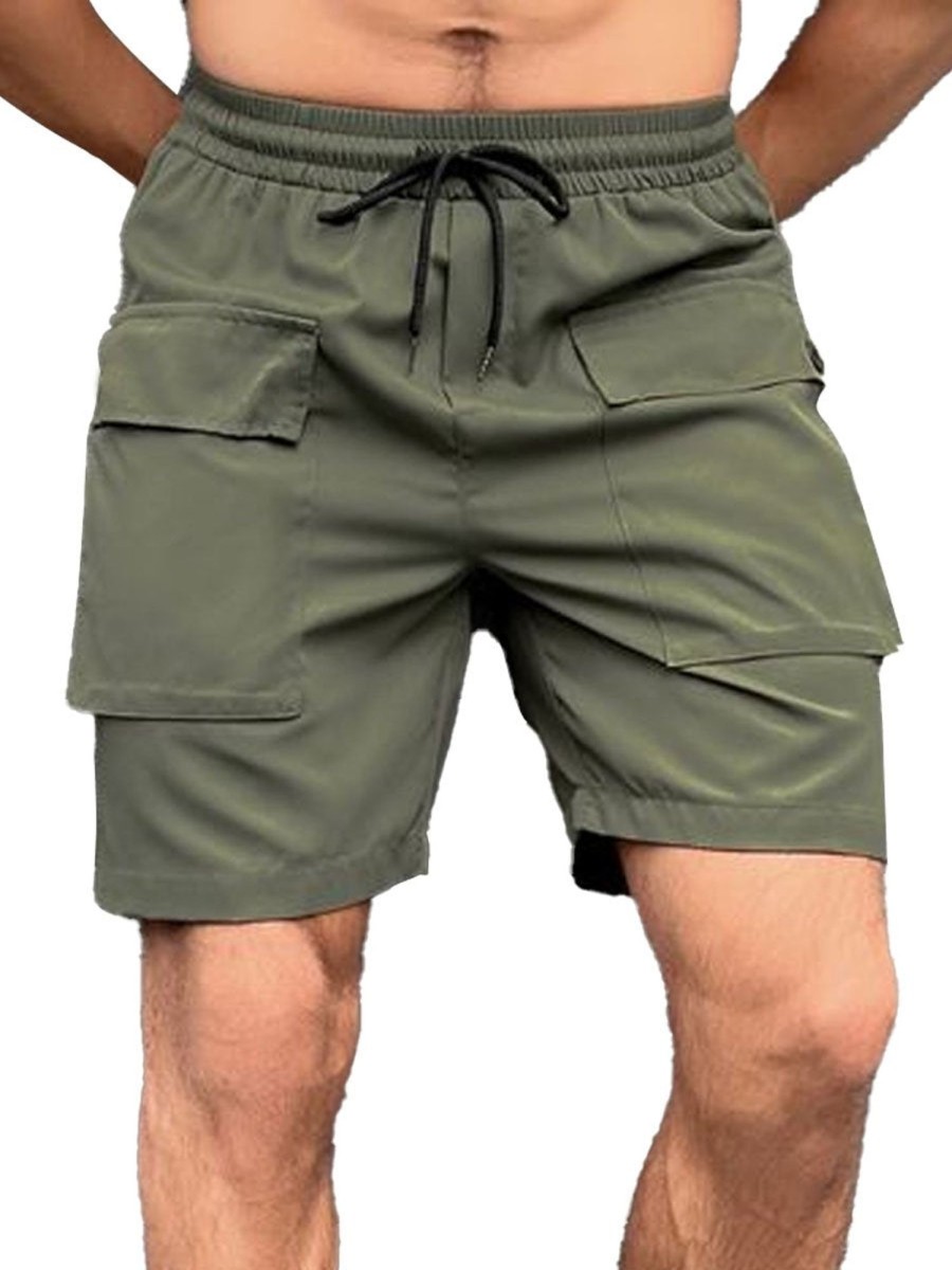 Men DJ Bottoms | Solid Color Double Pocket Lace Up Casual Shorts Army Green