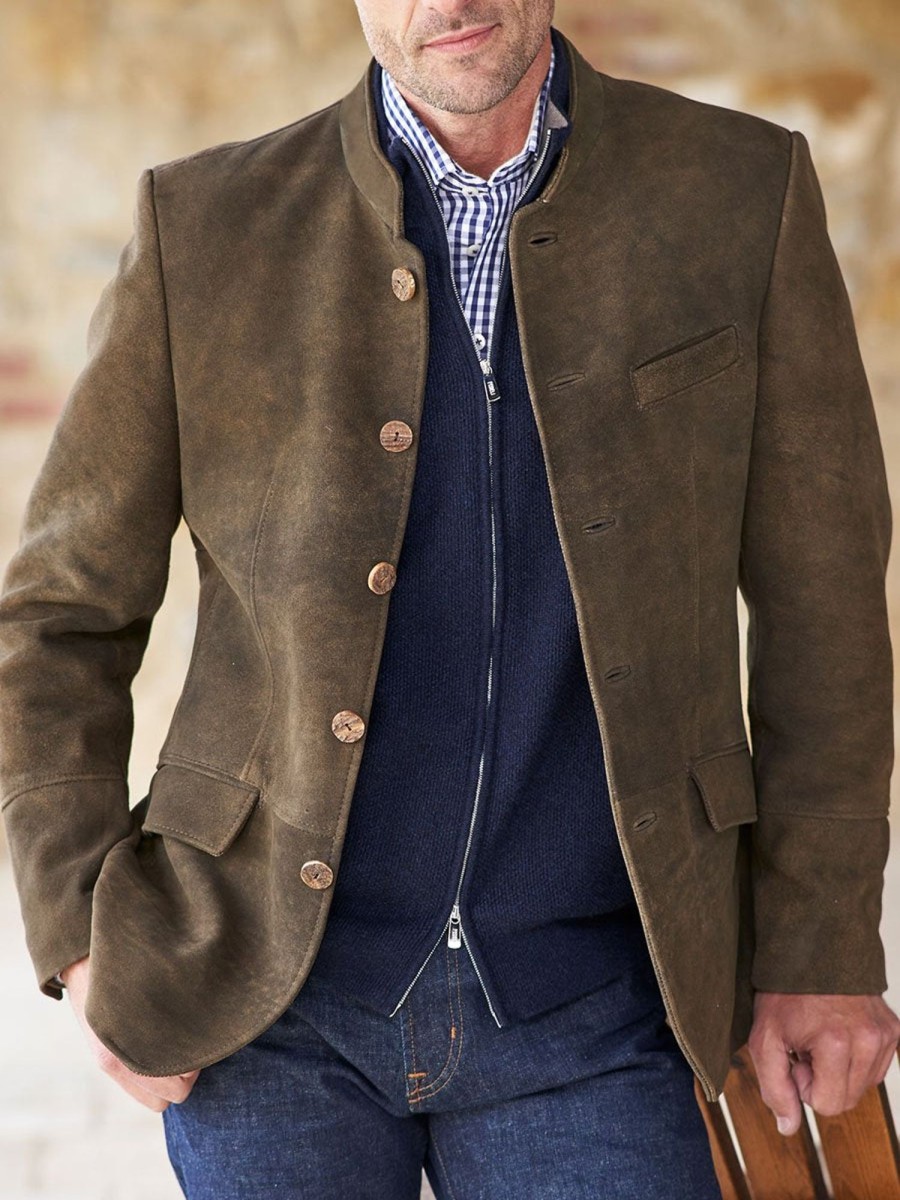 Men DJ Jacket | Vintage Suede Pocket Relaxed Stand Collar Blazer Brown