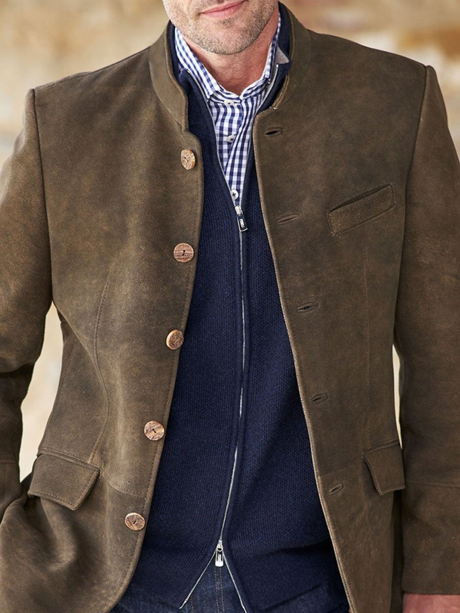 Men DJ Jacket | Vintage Suede Pocket Relaxed Stand Collar Blazer Brown