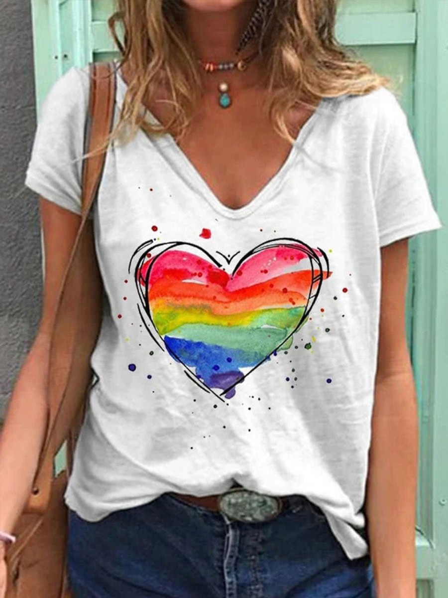 Women DJ | Women'S Heart Rainbow Print V-Neck T-Shirt White