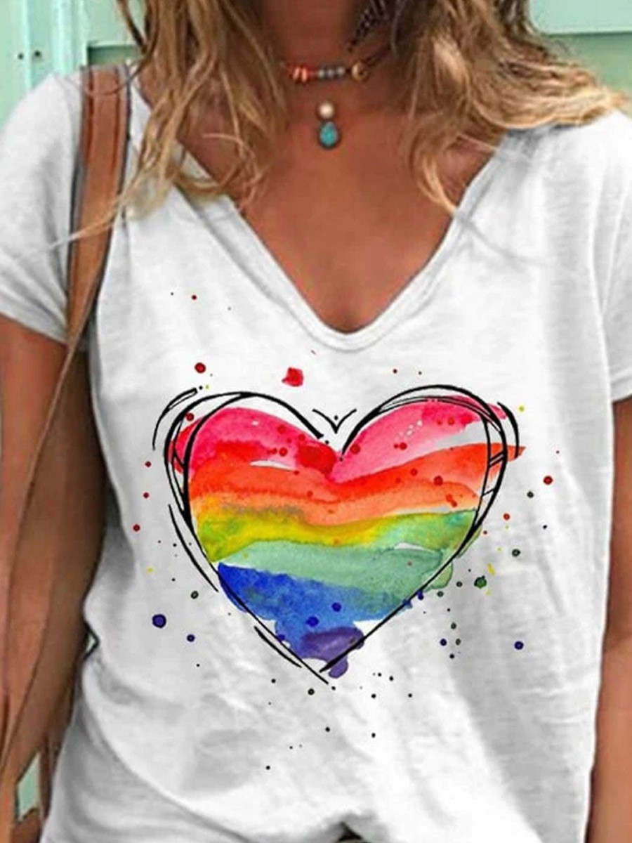 Women DJ | Women'S Heart Rainbow Print V-Neck T-Shirt White