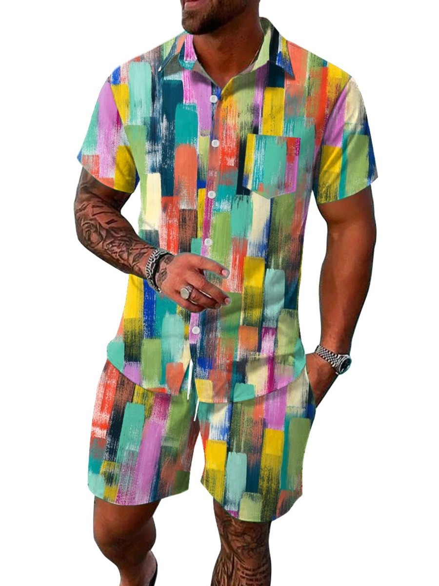 Men DJ Set | Men'S Vintage Colorblock Print Pocket Shirt Shorts Two-Piece Set Photo Color