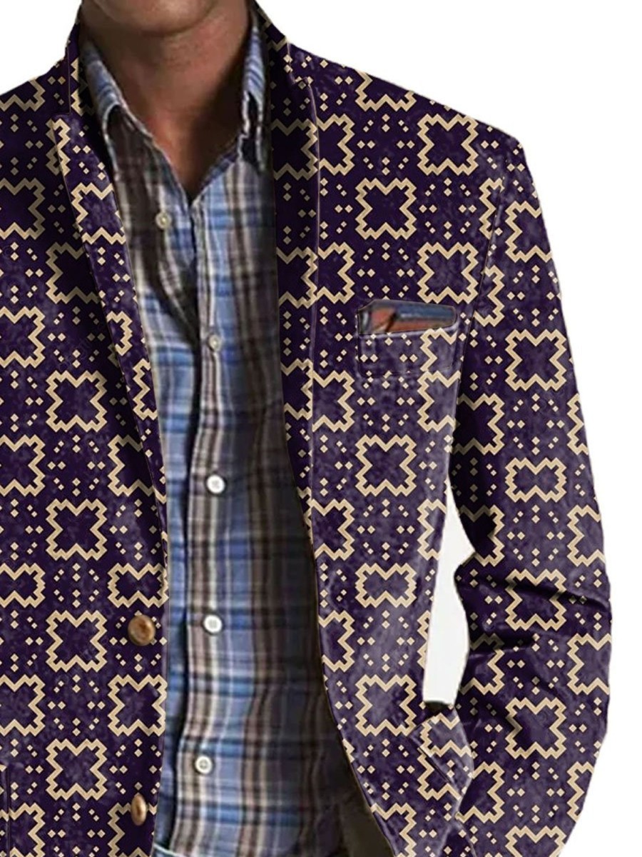 Men BXL Print Jacket | Men'S Geometric Print Pocket Casual Blazer Purple