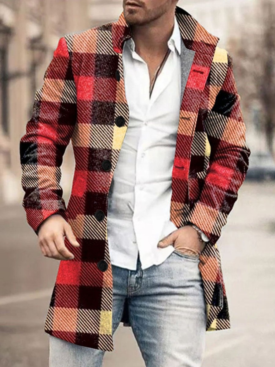 Men DJ Print Jacket | Plaid Print Stand Collar Double Pocket Woolen Coat Red