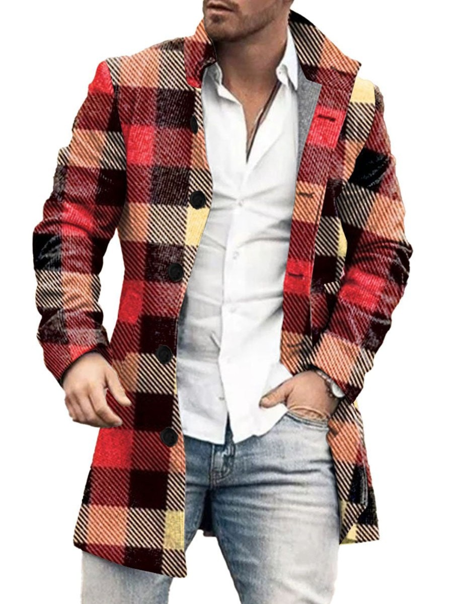 Men DJ Print Jacket | Plaid Print Stand Collar Double Pocket Woolen Coat Red