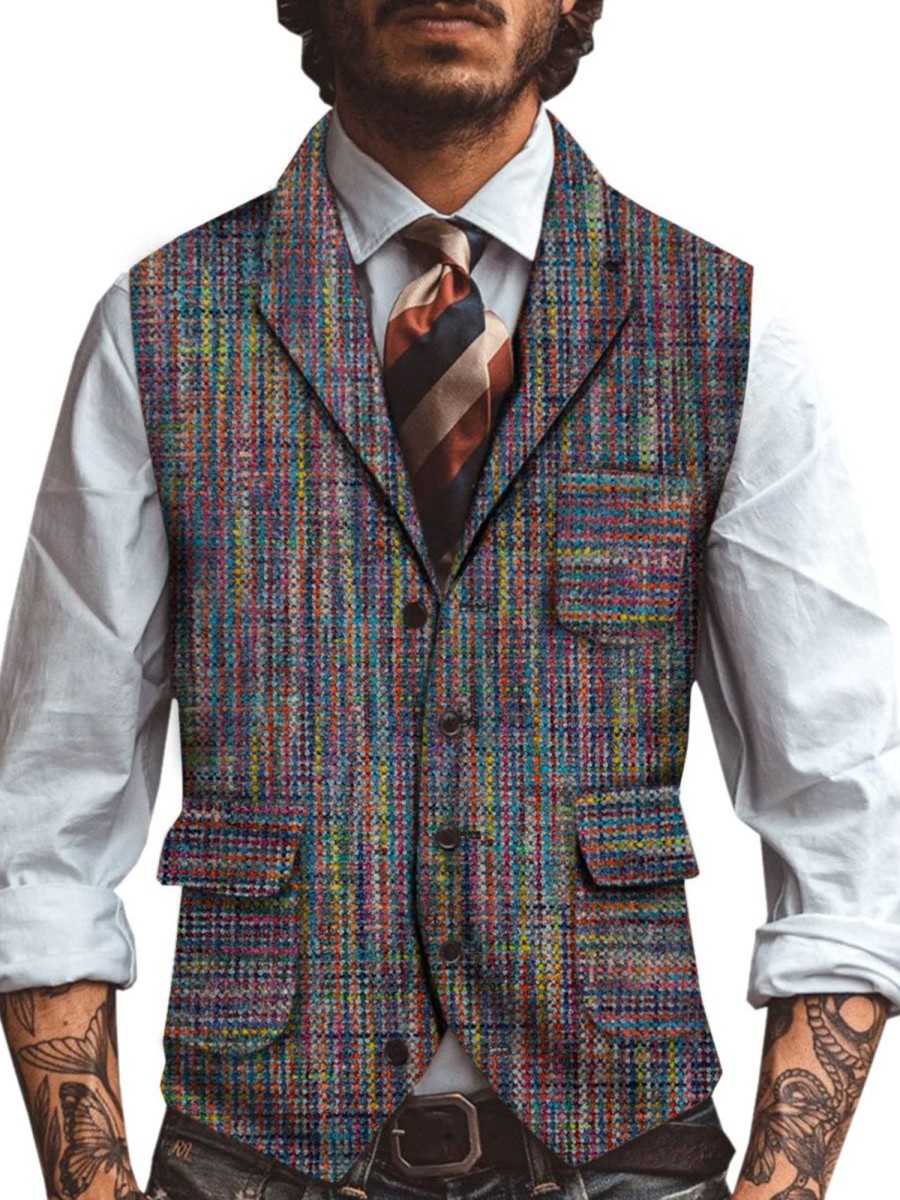 Men BXL Vest | Men'S Woolen Gauze Printed Casual Multi-Pocket Vest Photo Color