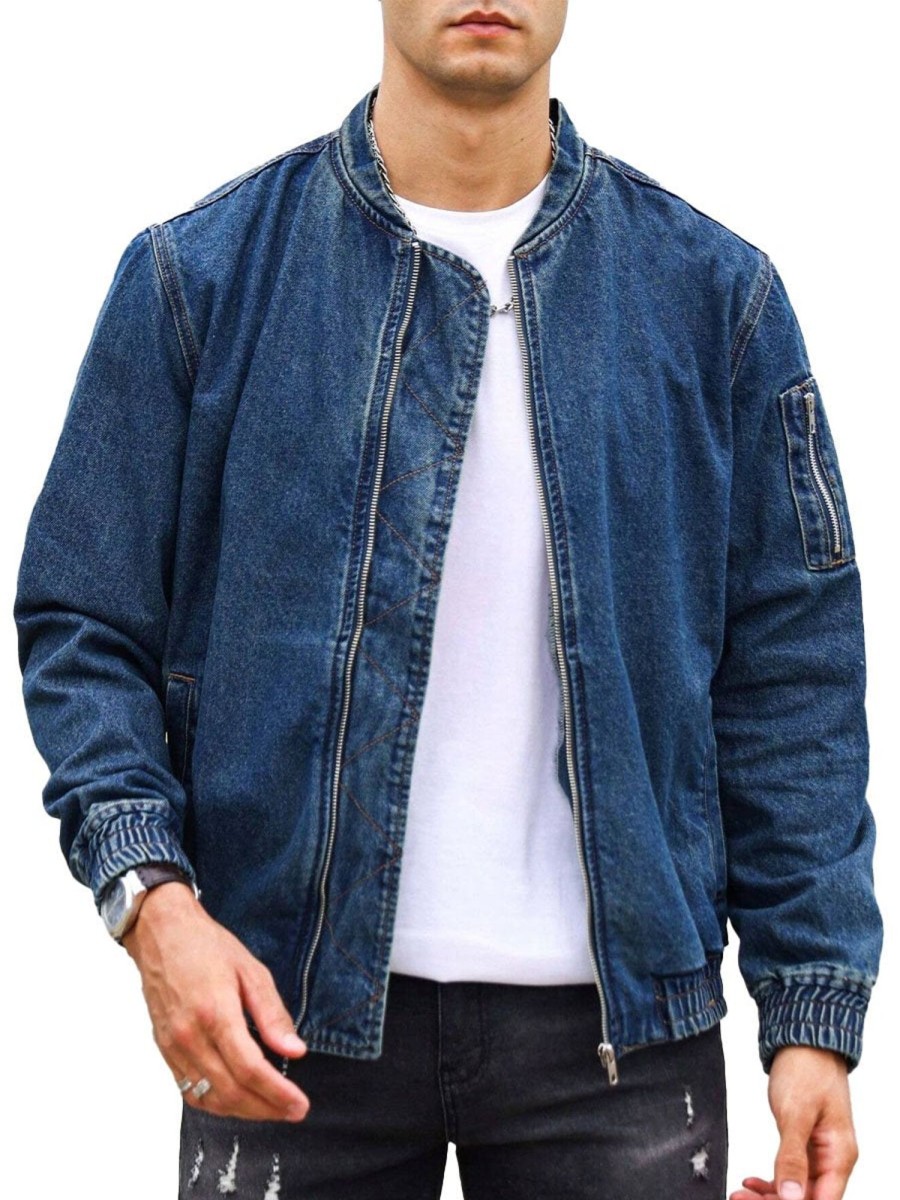 Men DJ Jacket | Stand Collar Zipper Pocket Casual Denim Jacket Blue