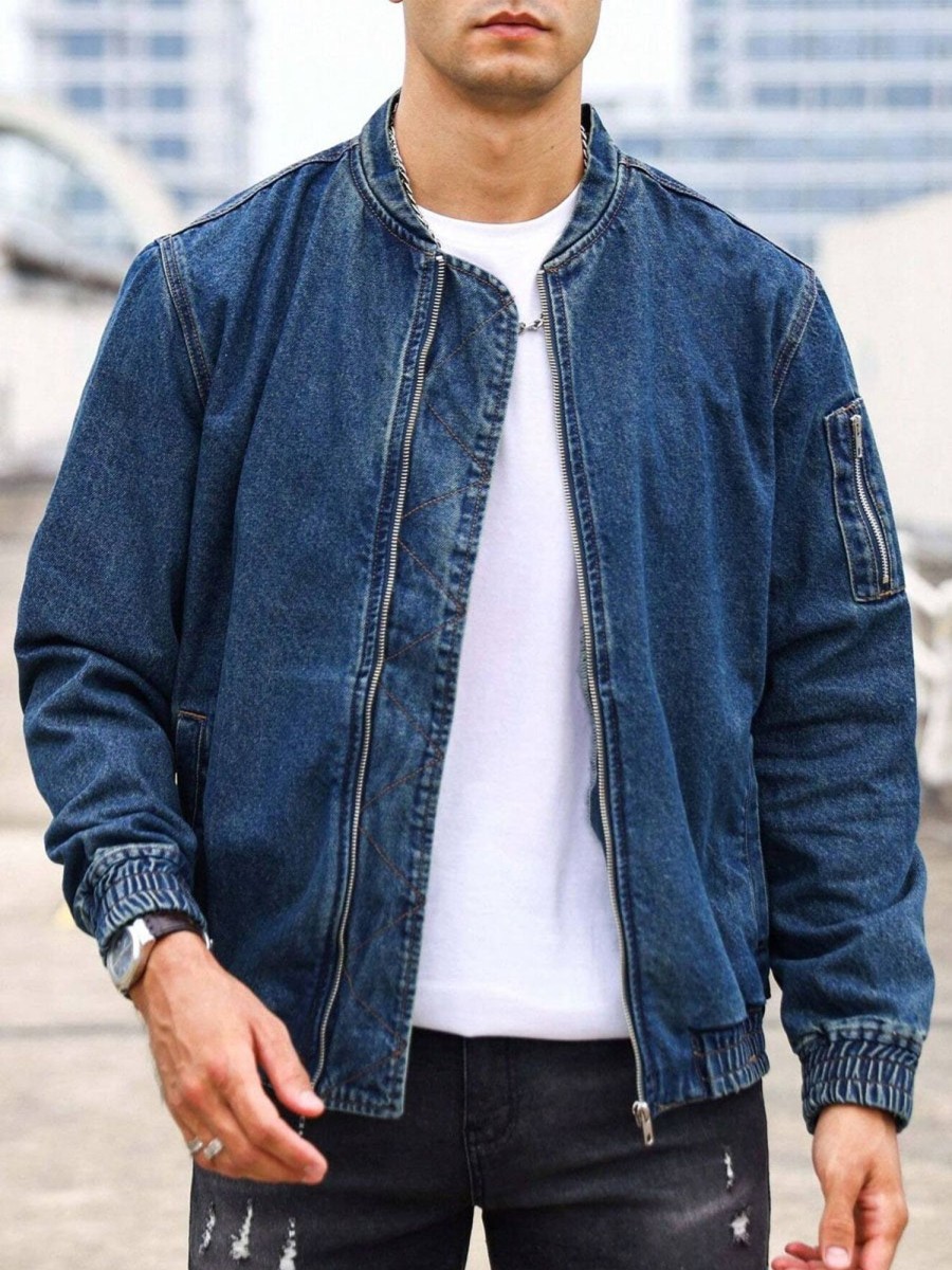 Men DJ Jacket | Stand Collar Zipper Pocket Casual Denim Jacket Blue