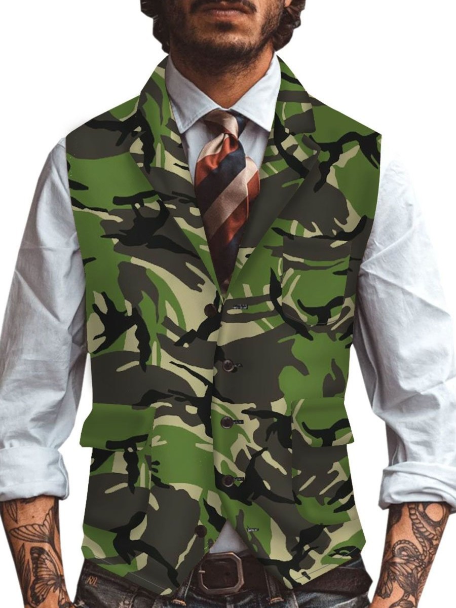 Men DJ Vest | Camouflage Printed Three-Pocket Lapel Casual Suit Vest Army Green