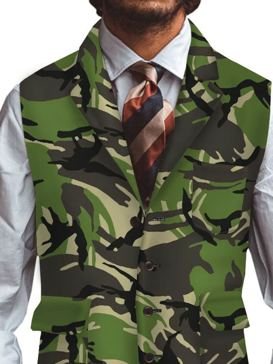 Men DJ Vest | Camouflage Printed Three-Pocket Lapel Casual Suit Vest Army Green