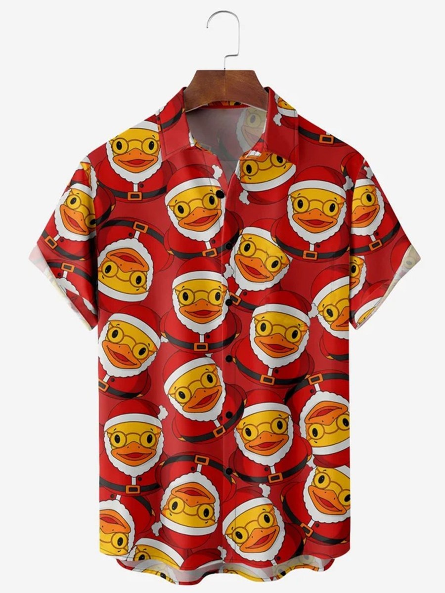 Men DJ Shirts | Christmas Yellow Duck Short Sleeve Casual Shirt Red