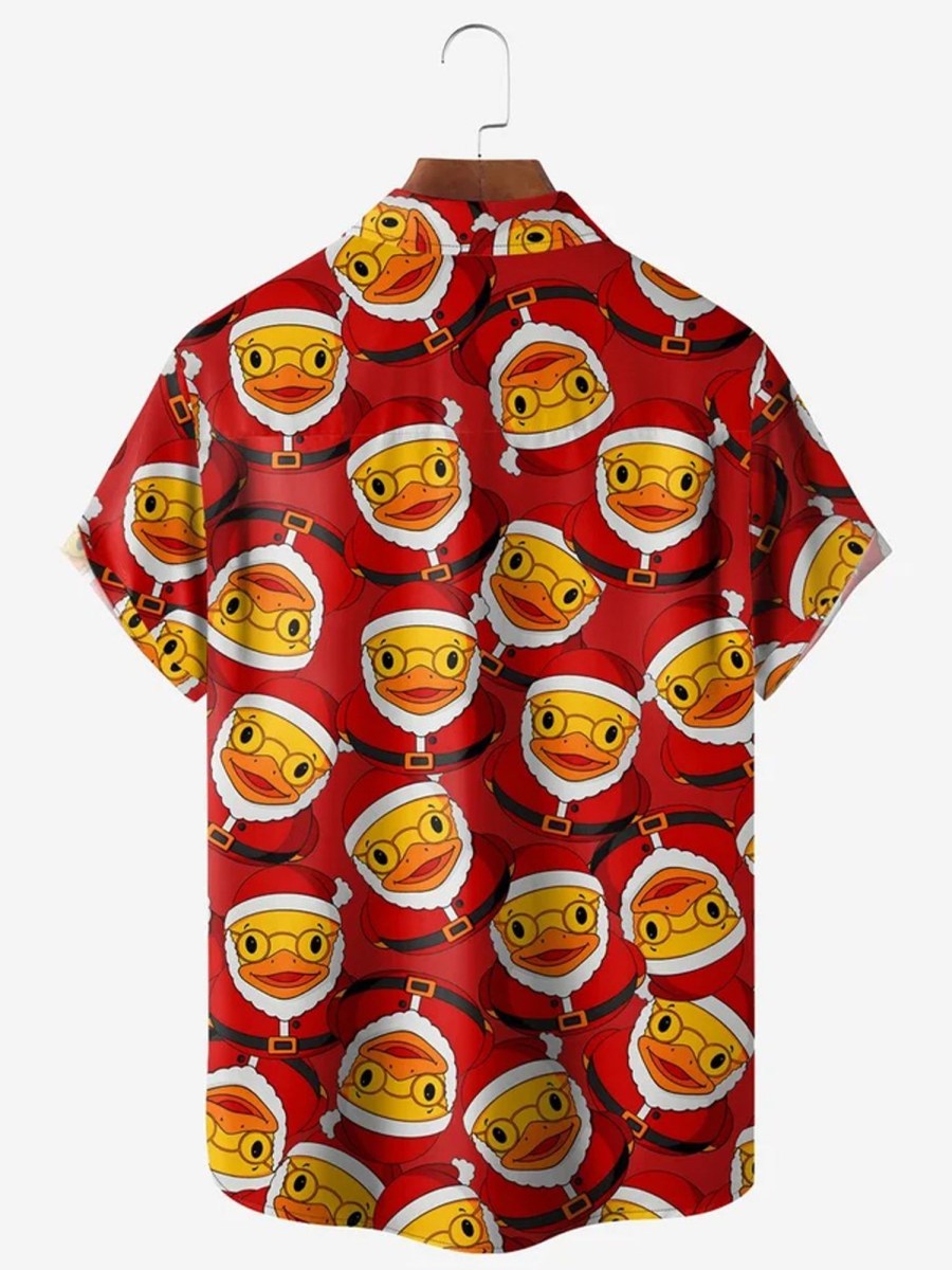 Men DJ Shirts | Christmas Yellow Duck Short Sleeve Casual Shirt Red