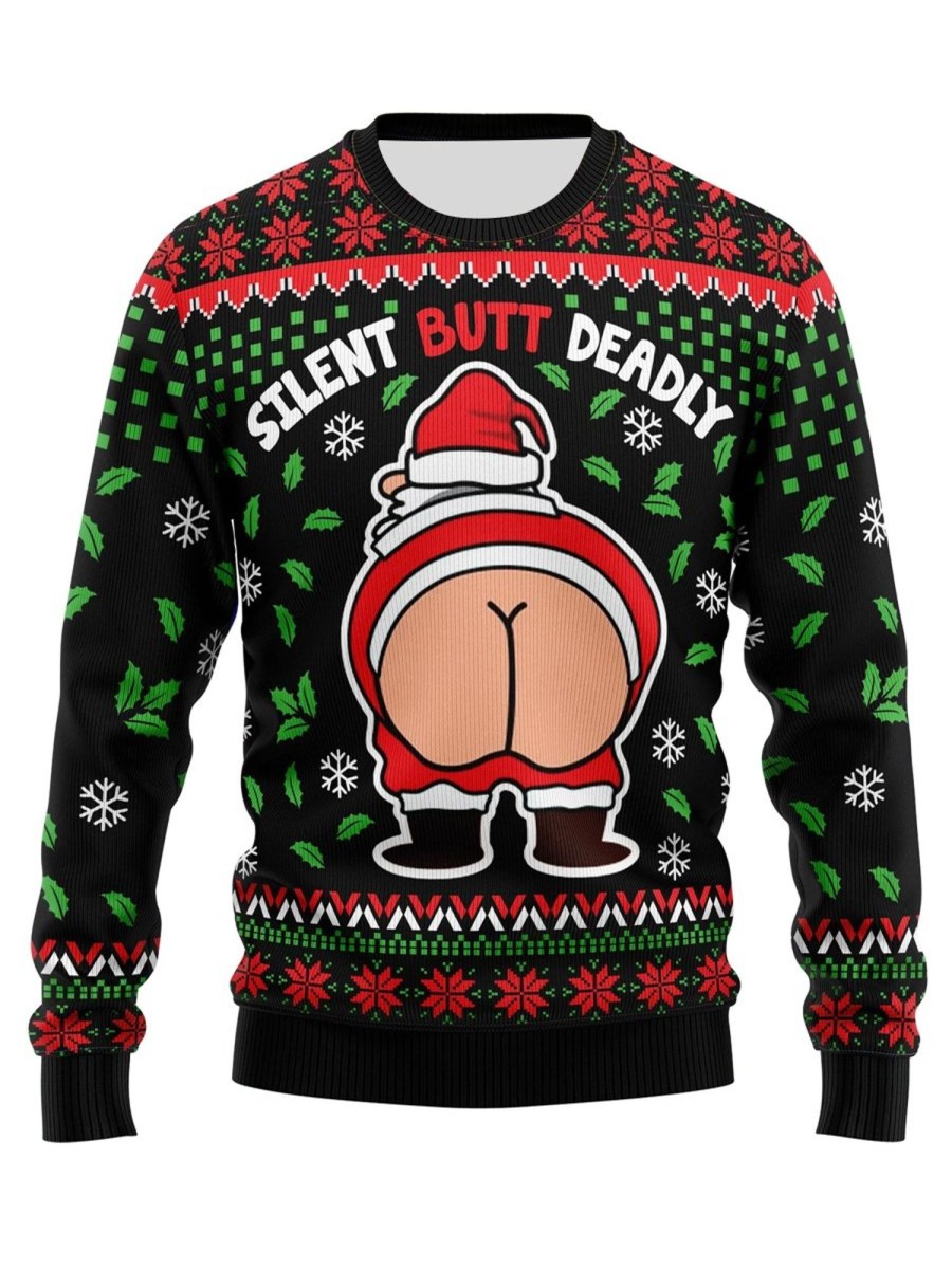 Men DJ Ugly Sweater | Funny Silent Butt Deadly Santa Print Crewneck Sweatshirt Black