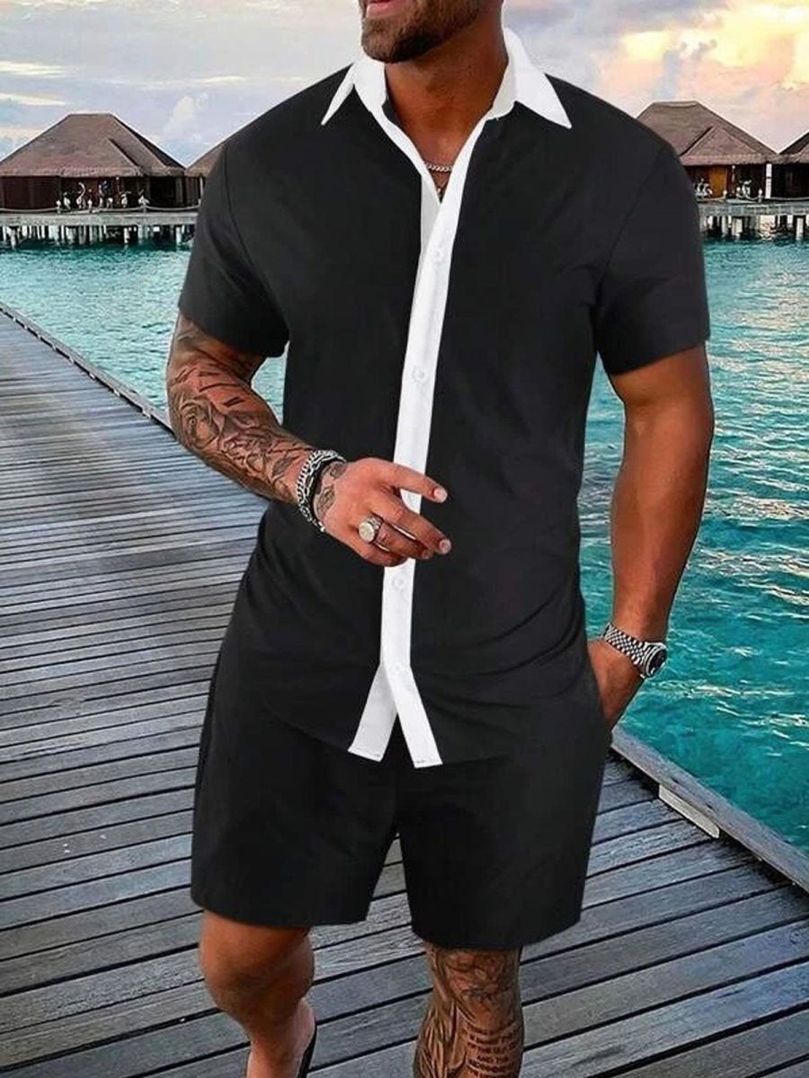 Men DJ Set | And White Contrasting Short Sleeve Shirt And Shorts Two-Piece Set Black